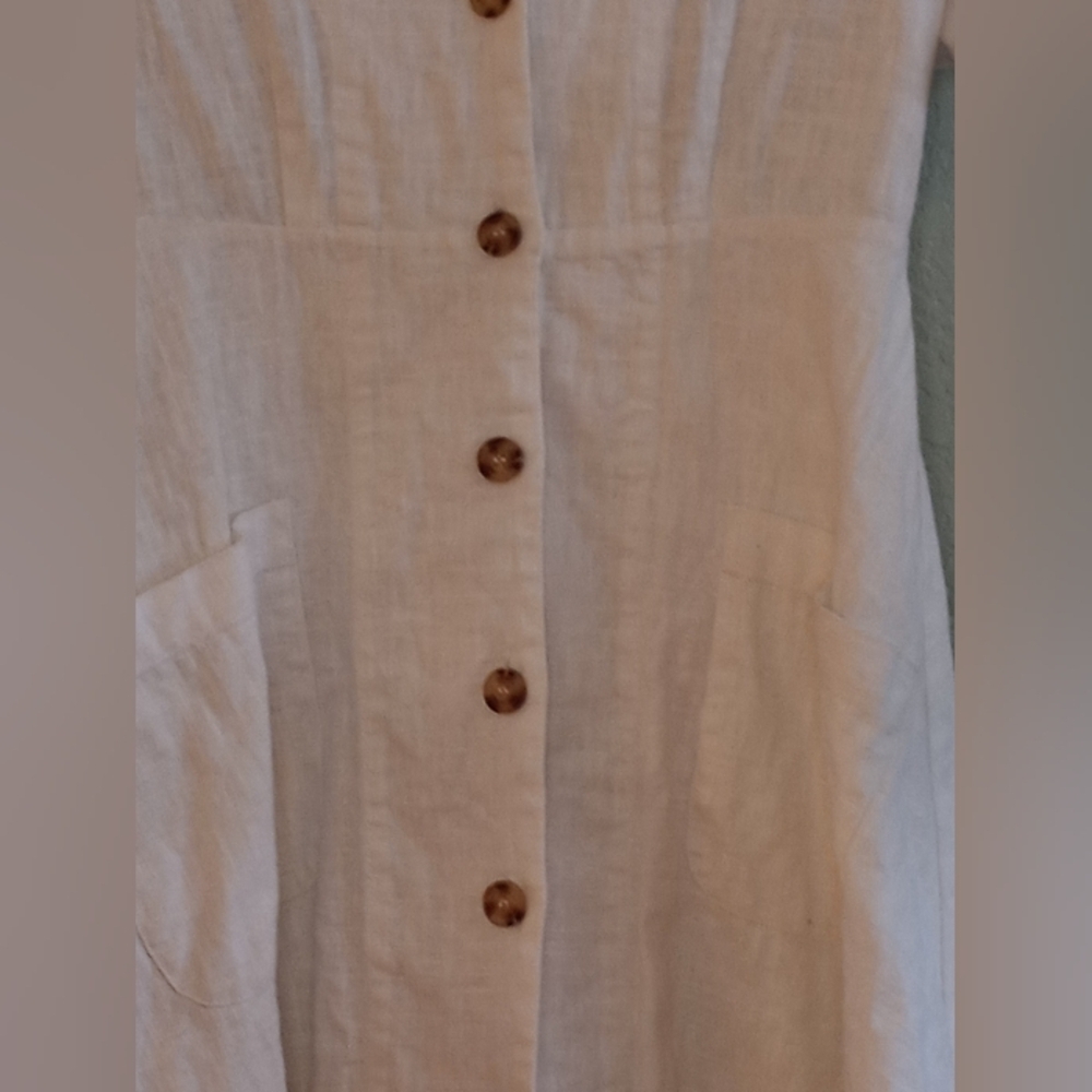 Moon River Classic Preppy Linen Coastal Button Front VNeck A Line Pocketed Dress - Picture 5 of 7